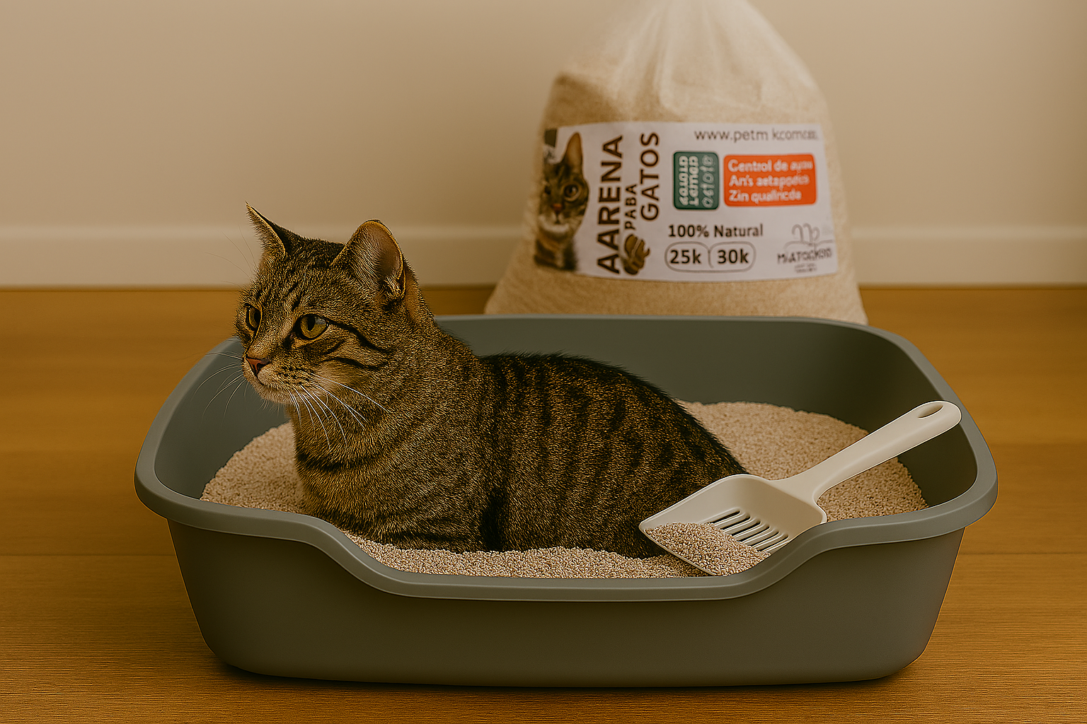 Imagen de un gato en un arenero anunciando la arena de gatos sanisand